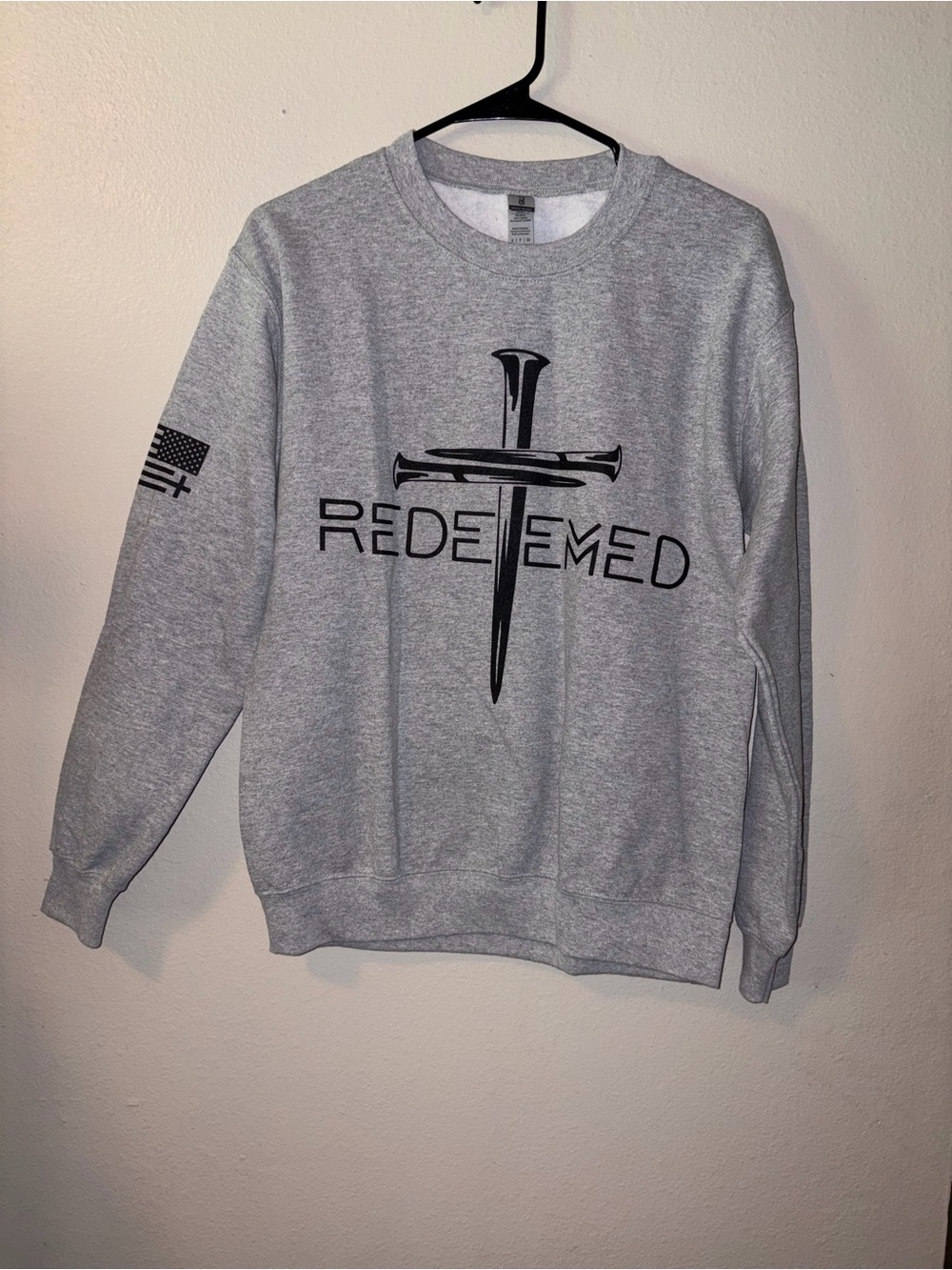 Gildan Gray REDEEMED Crewneck Sweatshirt with Nail Cross Graphic